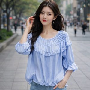 شومیز آبی یقه قایقی